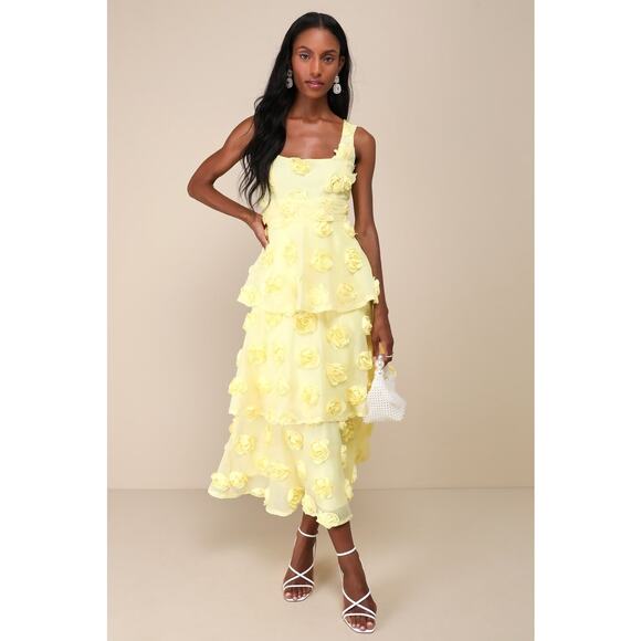NWT Lulus Exceptional Entrance Yellow Sleeveless Tiered Rosette Midi Dress Sz XL - Picture 1 of 7